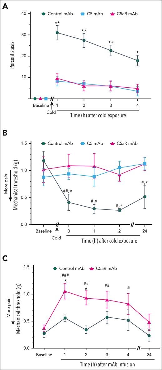 Vaso-occlusion and hyperalgesia induced by cold exposure are ameliorated by blocking C5 activation or C5aR signaling. (A) HbSS mice (n = 4 per group) were implanted with DSFC windows. At baseline, flowing subcutaneous venules (20-23 venules per mouse) were selected and mapped. After baseline selection of flowing venules, mice were injected IV via the tail vein with control, anti-C5 mAb, or anti-C5aR mAb (1.2 mg/kg). Thirty minutes after mAb infusion, mice were exposed to cold at 10°C (50°F) for 1 hour and then returned to RT. Microvascular stasis (vaso-occlusion) was measured at the indicated times after return to RT. Values are means ± SEM. ∗∗P < .01 and ∗P < .05, anti-C5 or anti-C5aR mAb vs control mAb (2-way ANOVA with the Tukey multiple comparison test). (B) Baseline PWT was measured in the hind paws of HbSS mice using von Frey filaments. After baseline pain measurements, nonhyperalgesic mice (PWT > 0.7) were injected IV via the tail vein with control mAb, anti-C5 mAb, or anti-C5aR mAb (n = 4 mice per group; 1.2 mg/kg). Thirty minutes after mAb infusion, mice were exposed to cold at 10°C (50°F) for 1 hour and then returned to RT. PWT was measured at the indicated times after cold exposure. (C) In experiments without cold exposure, HbSS mice that had ongoing hyperalgesia (PWT < 0.7) during baseline testing were injected IV via the tail vein with control mAb or anti-C5aR mAb (n = 6 per group; 1.2 mg/kg). PWT was measured at the indicated times after mAb infusion. (B-C) Values are means ± SEM. ∗P < .05 control mAb vs anti-C5 or anti-C5aR mAbs (2-way ANOVA with the Tukey multiple comparison test). #P < .05, ##P < .01, and ###P < .001 vs baseline (2-way ANOVA, with the Dunnett multiple comparison test).