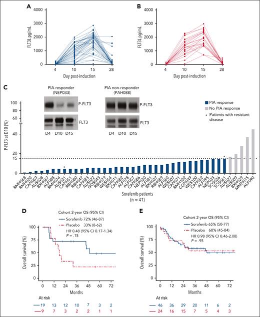 Correlative analysis of FLT3L levels, P-FLT3 levels, and survival outcome according to FLT3-ITD allelic burden. (A-B) Peripheral blood plasma FLT3L levels assessed on days 4, 10, 15, and 28 after induction in sorafenib (A) and placebo arms (B). (C) P-FLT3 levels at day 10 relative to day 4 with a representative example immunoblot of P-FLT3 changes in a PIA responder and nonresponder. Patients with a PIA response but without a clinical response are noted with an asterisk (∗). (D-E) Kaplan-Meier estimate of OS in the sorafenib or placebo arms among patients with FLT3-ITD allelic ratio ≥0.7 (D) or <0.7. D, day (E).