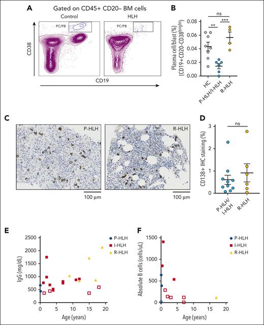 Plasma cell/blast and immunoglobulin production are low in patients with HLH. (A) Representative flow cytometry dot plot of CD38/CD19 gated on CD20− cells showing depletion of the CD19+CD38bright population in the HLH group (right) compared with the control group (left). (B) Percentage of plasma cell/blast (CD19+CD20−CD38bright) population in P-HLH/I-HLH groups (n = 6) and R-HLH group (n = 4) compared with the HC (n = 8) (HC, 0.043% ± 0.006%; P-HLH/I-HLH, 0.014% ± 0.004%; and R-HLH, 0.056% ± 0.008%). (C) Representative immunohistochemistry stains of CD138 in bone marrow biopsy specimen from a patient with P-HLH (left) and 1 with R-HLH (right). (D) Percentage of CD138+ immunohistochemistry staining from bone marrow biopsy samples in patients with P-HLH/I-HLH (n = 10) and R-HLH (n = 6) (P-HLH/I-HLH, 0.61% ± 0.21%; R-HLH, 0.92% ± 0.41%). The two-tailed Student t test or the Mann-Whitney test was used depending on normality for statistical comparison between 2 groups. Data represent mean ± SEM; ∗P < .05; ∗∗P < .01; ∗∗∗P < .001; ∗∗∗∗P < .0001. (E-F) Peripheral blood IgG values and absolute B cells from patients with HLH before receiving steroid or immunoglobulin treatment. The open shapes represent values lower than normal range for patient age. Of the 21 patients with HLH, 19% have low IgG levels for their age. Of the 12 patients with HLH, 50% have low absolute B-cell levels for their age.