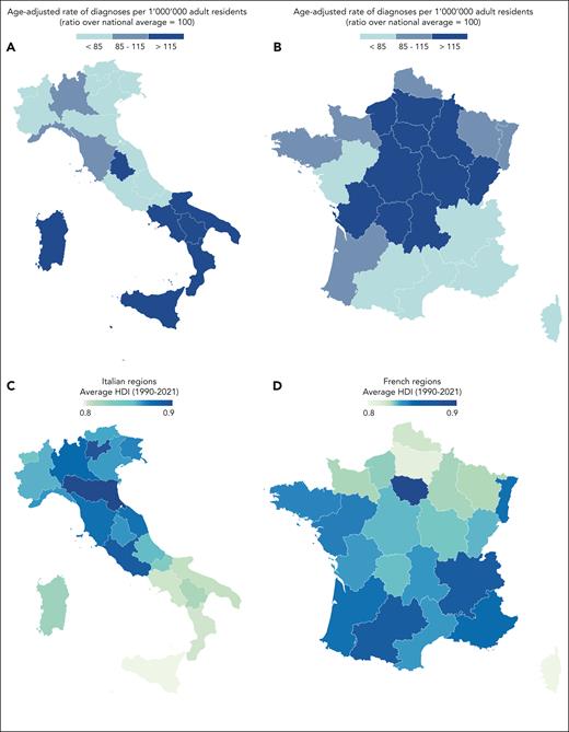 Geographic clustering of ECD diagnoses in Italy and France and the distribution of the HDI in the same countries. Geographic distribution of ECD diagnoses in Italy (A) and France (B) and of the HDI in the same countries (C-D).