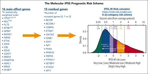IPSS-M prognostic risk schema. The main effect genes are shown on the left in a statistically weighted order (top having the most adverse risk). Residual genes are included as additives (maximum of 2 genes). These mutations are incorporated into the algorithm, which also includes cytopenias, marrow blasts, and cytogenetic abnormalities, to calculate the IPSS-M score and risk category. SF3B15q = SF3B1 mutation with isolated del(5q) or with 1 additional aberration excluding –7/del(7q). SF3B1α = SF3B1 mutation without comutations in BCOR, BCORL1, RUNX1, NRAS, STAG2, SRSF2, or del(5q). H, high; L, low; MH, moderate high; ML, moderate low; VH, very high; VL, very low risk. Adapted with permission from Bernard et al.68 These results may be accessed via a web-based URL: https://mds-risk-model.com.