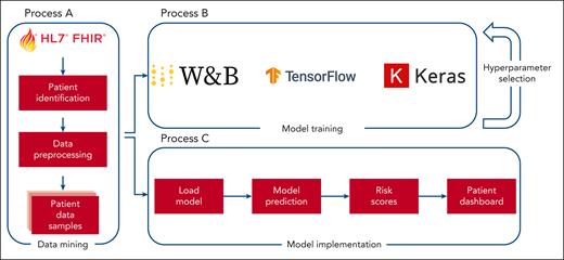 Model development and deployment overview to create predictive models capable of creating real-time predictions. Process A transforms patient data into a format suitable for training and prediction tasks. Process B uses the output of process A to generate training samples that are then used to develop machine learning models. Process C uses the same output from process A to create samples derived from current hospital patients, enabling immediate predictions through the use of the trained models generated by process B. W&B, Weights & Biases.