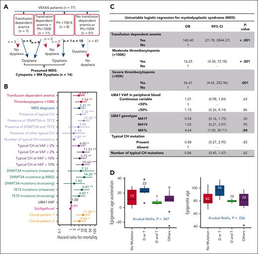 Clinical outcomes in VEXAS. (A) Criteria used for presumed MDS diagnosis in VEXAS. (B) Predictors of survival using a univariate time-varying Cox model from the onset of symptoms. Variables that were significantly associated with an increased HR for mortality are highlighted by their P value (<.05). (C) Univariate logistic regression for MDS. Variables that were significantly associated with MDS are highlighted by their P value (<.05). (D) Epigenetic age and age acceleration of patients with VEXAS. Global DNA methylation was used to calculate patients’ epigenetic ages according to Horvath's clock. Patients were grouped based on their typical CH status: no typical CH, D/T (DNMT3A or TET2) mutations, D&T (DNMT3A and TET2) mutations, and mutations in other myeloid cancer genes regardless of having DNMT3A/TET2 mutations.