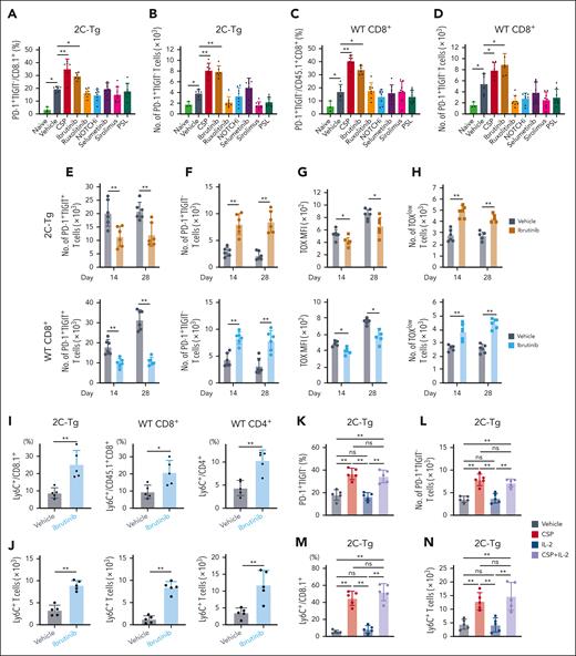 Ibrutinib and CSP, but not other immunosuppressants, induced donor transitory-Tex-CNI after allo-HCT. (A-N) Allo-HCT was performed as in Figure 1A. (A-D) Mice were administered with vehicle or indicated reagents daily from days 0 to 14 after allo-HCT. Proportions and absolute numbers of PD-1+TIGIT– in 2C-Tg (A-B) and WT (C-D) CD8+ T cells in the spleen on day 14 (n = 6 per group). (E-J) Mice were administered with vehicle or ibrutinib daily from days 0 to 28 after allo-HCT. Absolute numbers of PD-1+TIGIT+ cells (E) and PD-1+TIGIT– cells (F), MFI of TOX (G), and absolute numbers of TOXlow cells (H), in 2C-Tg (top) and WT (bottom) CD8+ donor T cells in the spleen on days 14 and 28 (n = 6 per group). Proportions (I) and absolute numbers (J) of Ly6C+ T cells in 2C-Tg and WT CD8+ and WT CD4+ donor T cells on day 28 (n = 5 per group). (K-N) Mice were administered daily with vehicle or CSP in combination with low-dose IL-2 or alone from days 0 to 14 after allo-HCT. Proportions (K) and absolute numbers (L) of PD-1+TIGIT– and proportions (M) and absolute numbers (N) of Ly6C+ cells in 2C-Tg donor T cells in the spleen on day 14 (n = 5 per group). (A-H) Data from 2 experiments were combined and shown as means ± SEM. (I-N) Data from one of 2 similar experiments were shown as means ± SEM. ∗P < .05; ∗∗P < .01. MFI, mean fluorescence intensity; ns, not significant.