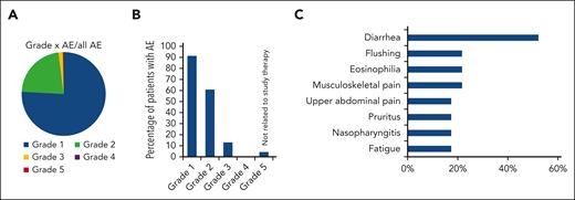 AEs with DMF study therapy. (A) AEs sorted based on CTCAE grades. Depicted is the percentage of AEs of each grade based on the total number of AEs. (B) Percentage of patients who experienced an AE of each CTCAE grade. (C) Most frequent AE with DMF study therapy sorted based their frequency and depicted by the percentage of patients in the per-protocol cohort (n = 23) who experienced them. All AEs that occurred in >10% of patients are listed.