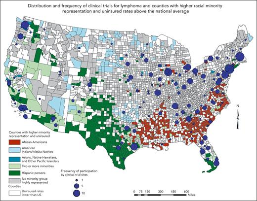 Map showing the areas of critical need for cancer trials based on the distribution of clinical trial participation, racial minority representation, and insurance status.
