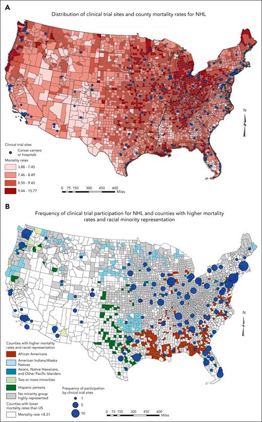 Maps of distribution and frequency of clinical trials, NHL burden, and the race/ethnicity of the US population.