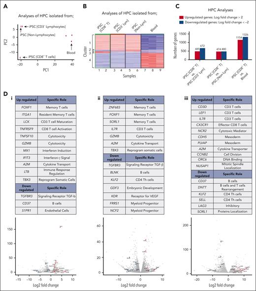 Specific transcriptional profile of BCMA iPSC-HPCs that differentiate into antigen-specific CD8+ memory T cells. (A) Principal component analysis of the top 1000 highly expressed genes showing the transcriptional variance (PC1 vs PC2) within or across iPSC-derived HPCs that differentiate into different cell lineages or primary HPCs isolated from the blood. (B) Hierarchical cluster analyses demonstrating 4 distinct clusters of variably expressed genes across the data set (upregulated genes = red and downregulated genes = blue). Clusters 1 and 4: upregulated (cluster 1) or downregulated (cluster 4) genes in iPSC-HPCs compared with primary HPCs from the blood, Clusters 2 and 3: downregulated (cluster 2) or upregulated (cluster 3) genes in iPSC-HPC (CD8+ T cells) compared with iPSC-HPC (CD3− lymphocytes) and iPSC-HPC (nonlymphocytes). Nine samples evaluated; samples 1 and 2: iPSC-HPC (CD8+ T cells), samples 3 and 4: iPSC-HPC (CD3− lymphocytes), samples 5 and 6: iPSC-HPC (nonlymphocytes), and samples 7, 8, and 9: primary HPCs from the blood. (C) Summary of differential gene expression profiles reported as the total number of upregulated (log fold-change > 2) or downregulated (log fold-change <−2) genes in iPSC-HPC (CD8+ T cells) compared with in iPSC-HPC (CD3− lymphocytes), iPSC-HPC (nonlymphocytes), or primary HPCs from the blood. (D) Tables: summary of upregulated or downregulated genes in iPSC-HPC (CD8+ T cells) and their specific role in CD8+ T-cell lineage development. Volcano plots: significantly upregulated or downregulated genes in iPSC-HPC (CD8+ T cells) compared with (i) iPSC-HPC (CD3− lymphocytes), (ii) iPSC-HPC (nonlymphocytes) or (iii) primary HPCs from the blood. Lym, lymphocytes.