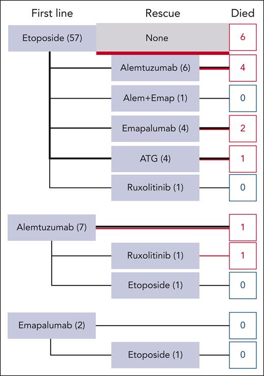 Treatment regimes. Major drugs used as first-line or salvage therapy (n = 66). One deceased patient with CHS is missing here because he did not receive any major drug before HSCT. Line thickness is proportional to the number of patients receiving the indicated treatment. Red lines and boxes represent deceased patients.