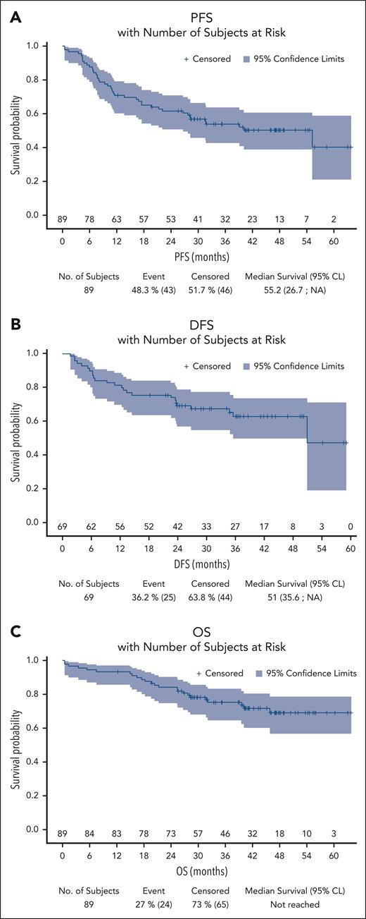 Kaplan-Meier curves for outcome. (A) PFS; (B) DFS; (C) OS. NA, not applicable.