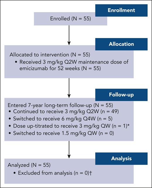 Participant disposition. ∗ indicates that emicizumab dose was up-titrated in 1 participant on day 374 while starting the long-term follow-up period. Up-titration was per investigator request based on locally assessed decreasing emicizumab levels (confirmed retrospectively to be 6.6 μg/mL in a central assessment). This participant experienced 3 treated and 2 untreated bleeds (all traumatic) before and after up-titration, respectively. † indicates that bleed end points consider data before up-titration only. Q2W, every 2 weeks; Q4W, every 4 weeks; QW, weekly.