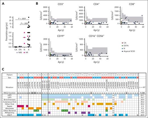 Clinical findings in patient with RAC2 mutation. (A) Age at clinical presentation across groups: CA, reticular dysgenesis without deafness caused by constitutively active mutations; DN, dominant-negative, D57N; N, homozygous null; A, CID caused by activating mutations; NBS, detected by TREC NBS; AR, autosomal recessive. (B) Lymphocyte counts by age for each patient with data. Circles colored by presentation group, gray shading indicates normal range for age. (C) Patient cohort sorted by presentation group including sex (M, male; F, female), mutations, and presence of clinical findings. “H” denotes homozygosity for listed mutation. Gray shading of RAC2 function indicates identification by NBS. Clinical manifestations denoted by filled box. % CID, percent patients with CID-manifesting specified phenotype; LRTI, lower respiratory tract infection; nd, no data; URTI, upper respiratory tract infection; X, deceased. ∗Forty three of 44 patients with CID had available clinical data, where a indicates streptococcal abscesses; b, necrotizing pneumonia and pulmonary abscesses; c, Escherichia coli skin; d, Serratia marcescens; e, bacterial skin; f, Staphylococcus aureus and Streptococcus pyogenes.