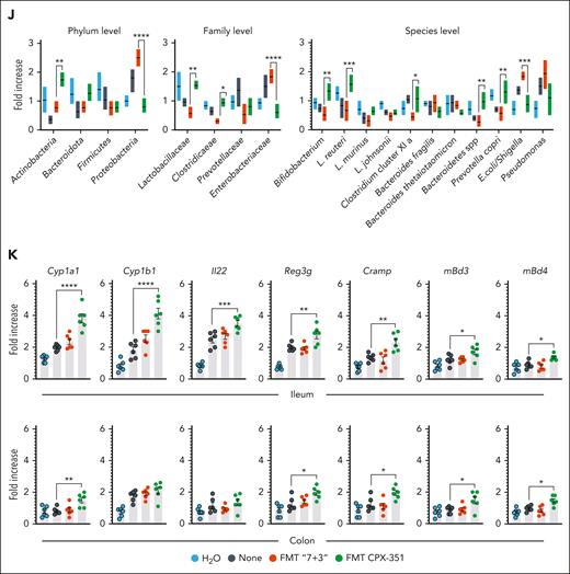 CPX-351 promotes transplantable protective microbial community. Fecal microbiota transplantation in NSG (A) or C57BL/6 (G) mice with DSS-induced colitis. DSS-NSG mice received transplantation with fresh fecal pellets from C57BL/6 mice treated IV with the “7 + 3” combination or CPX-351, as in the legend to Figure 1. Mice were assessed (8 dpi) for (B) weight loss (daily measured), (C) fecal consistency, (D) colon histopathology (PAS staining) and TUNEL assay in the insets, (E) serum endotoxin, and (F) 16S rRNA bacteria expression in mesenteric lymph nodes. (G) DSS-C57BL/6 mice received transplantation with feces taken immediately or a week after the “7 + 3” treatment were evaluated for (H) weight loss and (I) colon histopathology (PAS staining) with the relative histology score. (J) Microbial composition in the feces of C57BL/6 mice after FMT from CPX-351-treated or “7 + 3”–treated mice by targeted polymerase chain reaction. (K) AhR-related and defensin genes expression by reverse transcription polymerase chain reaction in ileum and colon of C57BL/6 mice that received transplantation as above. Assays were done a week after FMT. Photographs were taken with a high-resolution microscope (Olympus BX51×); original magnification ×20 (D,I; scale bars, 200 μm). Yellow arrows indicate inflammatory foci. Data are representative of 2 or 3 independent experiments. Each in vivo experiment includes 6 mice per group. Data are represented as mean ± SEM. ∗P < .05; ∗∗P < .01; ∗∗∗P < .001; ∗∗∗∗P < .0001; FMT CPX-351 vs FMT “7 + 3”; none vs FMT CPX-351 and FMT “7 + 3.” One-way and 2-way ANOVA, Bonferroni multiple comparison test. None, mice treated with DSS alone. FMT “7 + 3”#, FMT with fecal pellets collected one week after the “7+3” treatment.