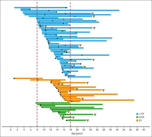 Representation of follow-up of 79 of 355 patients with AIC associated with SLE, regardless of the time of SLE onset (concomitant or sequential). Each horizontal band represents a single patient, from the age at diagnosis of AIC to the age at the last follow-up. The black dot represents the age at diagnosis of SLE. Patients with severe manifestations of SLE are marked with a yellow triangle.