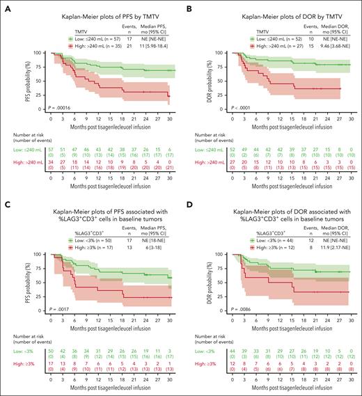 Association between baseline TMTV and tumor-infiltrated LAG3+ T cells with PFS and DOR. (A) Kaplan-Meier plots of PFS by TMTV. (B) Kaplan-Meier plots of DOR by TMTV. (C) Kaplan-Meier plots of PFS associated with percent LAG3+CD3+ cells in baseline tumors. (D) Kaplan-Meier plots of DOR associated with percent LAG3+CD3+ cells in baseline tumors. A cutoff (240 mL) at which most separation between PFS and DOR was derived and results are shown here. CD, cluster of differentiation; NE, not estimable.