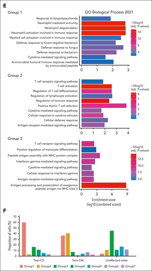 Distinct monocyte subpopulations dominate peripheral blood in iMCD-affected and -unaffected sisters. (A) UMAP of the PBMCs from all 3 sisters (Twin-CS and Twin-CM at asymptomatic “baseline” state), showing heterogeneity within monocytes and other cell types. (B) The monocyte population formed the largest proportion of cell type within the PBMCs of affected twins, in contrast to their unaffected sister. (C) Further analysis of monocytes showed different subpopulations enriched within both affected twins (group 1) and their unaffected sister (group 3). The asymptomatic affected Twin-CM carried a relatively higher proportion of group 2 monocytes. (D) Group 1 monocytes were enriched for the expression of acute and chronic inflammatory genes including several S100A family genes (eg, S100A8, S100A12, S100A9, and S100A6). Group 2 monocytes expressed a cytotoxic gene signature including PRF1, GNLY, CTSW, GZMA, and GZMH. Group 3 monocytes enriched for expression of major histocompatibility complex (MHC) class II genes (eg, HLA-DRA, HLA-DPB1, HLA-DRB1, HLA-DPA1, CD74, HLA-DMA, HLA-DQB1, and HLA-DQA1). Minor subgroups identified include FCGR2B-expressing monocytes (group 4), FCGR3B-expressing nonclassical monocytes (group 5), and others (groups 6 and 7). (E) Gene ontology (GO) pathway analysis demonstrated enrichment of neutrophil degranulation and activation pathways in group 1 monocytes. Group 2 monocytes harbored signatures of T-cell activation and cytokine signaling. Group 3 monocytes were enriched for signatures of antigen processing. (F) Both the affected twins, particularly in Twin-CS, were predominantly carrying group 1 monocytes enriched for the expression of acute and chronic inflammatory gene signatures. Twin-CM carried a higher proportion of group 2 monocytes harboring signatures of cytotoxic T-cell activation. PBMCs from the twins were obtained at their asymptomatic “baseline” state (for Twin-CS, after rituximab therapy). In the unaffected sister, group 3 monocytes enriched for signatures of antigen processing were dominant.