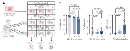 Adjusting T-cell numbers in the inoculum results in varying T-cell numbers in the emerging tumors but does not have a detectable impact on fractions of malignant cells or NK cells. (A) Schematic diagram of a humanized mouse model in which mice were inoculated on day 0 with consistent numbers of Raji tumor cells and T-cell–depleted PBMCs but varying numbers of T cells. (B) Flow cytometric analysis of FNAs obtained from mouse xenografts 20 days after inoculation and evaluated for percent of cells that are CD19+, CD56+, or CD3+ (n = 12-15 mice per group).