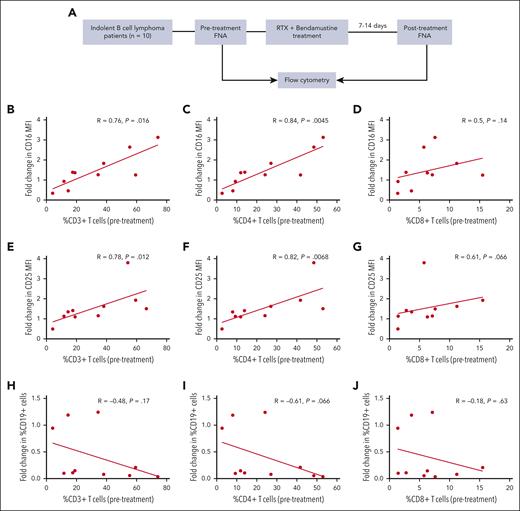 Correlative clinical trial results: CD4+ T cells in the pretherapy TME correlate with an increase in NK-cell CD16 and CD25 expression after RTX-containing therapy. (A) Clinical trial schema: patients (n = 10) with indolent B-cell lymphoma were treated with RTX and bendamustine based on clinical indications. FNAs from involved nodes were obtained before and 7 to 14 days after the first course of treatment. Pretherapy frequency of CD3+, CD4+, and CD8+ cells in the TME was correlated with pretherapy to posttherapy changes in expression intensity by NK cells of CD16 (B-D) and CD25 (E-G) as well as CD19 cell frequency (H-J).