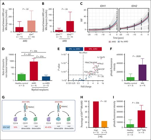 IDH-mutant clones are likely to be present prior to diagnosis of autoimmune disease. (A) Interval between AIRD and MN diagnosis was shorter in IDH-mutated MN-AIRD compared with IDH wild-type MN-AIRD particularly in (B) IDH1-mutated compared with IDH2-mutated MN-AIRD. (C) Locally estimated scatterplot smoothing (LOESS) analysis to calculate clonal expansion kinetics of IDHmut and to evaluate if IDH clones were present at the time of AIRD diagnosis. Within each “window,” a weighted average was calculated, and the sliding window passes along the x-axis. The shaded area indicates the 95% confidence interval. Gray lines represent patients. (D) Aberrantly high ratio of proinflammatory classical to nonclassical monocytes in patients with MN-AIRD (n = 4) compared with patients with MN without AIRD (n = 5) and age-matched healthy controls (n = 3). (E) Proinflammatory cytokines secreted by innate immune cells including GM-CSF, IL-12, fractalkine, IL-15, and IL-1β were significantly higher in bone marrow plasma of MN-AIRD (n = 9) compared with MN without AIRD (n = 109). (F) Aberrantly high macrophage phagocytic activity, assessed by pHrodo Red Staphylococcus aureus Bioparticles uptake, in subjects with MN (n = 9) compared with healthy controls (n = 3). (G) Schema of IDH mutational status interrogation in various cell populations (CD14+ monocytes, CD19+ B cells, and CD3+ T cells) in 2 patients with IDH mutation. (H) All IDHmut MN with high bone marrow plasma level of 2-HG had AIRD compared with only 25% of cases with low 2-HG level. (I) Aberrantly high in vitro macrophage activity in subject with IDHmut MN (n = 5) compared with healthy control (n = 3). All bars indicate mean, and all error bars indicate SD. The Mann-Whitney test was used to detect statistically significant differences between cohorts. The χ2 test was used to determine associations between categorical variables. FGF-2, fibroblast growth factor 2; TGFα, transforming growth factor α; GM-CSF, granulocyte-macrophage colony-stimulating factor; IFN-α2, interferon α2; IFNγ, interferon γ; VAF, variant allele frequency.
