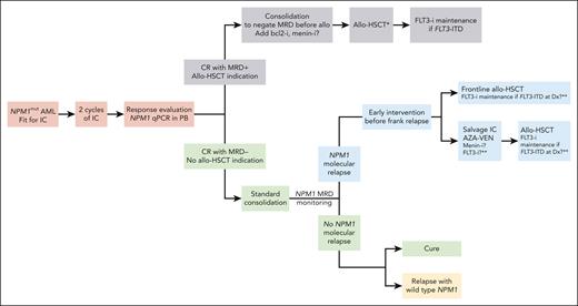 Management algorithm for AML with NPM1 mutations according to MRD. ∗In this study, no difference in overall survival was observed between myeloablative and reduced-intensity conditioning. ∗∗With current induction and consolidation therapy combining IC and FLT3-i, around 50% of relapses are FLT3-wild type, and therefore, using a FLT3-i in molecular relapse or posttransplant is still uncertain clinically. AZA-VEN, azacitidine-venetoclax; Dx, diagnosis; -i, inhibitors; IC, intensive chemotherapy; PB, peripheral blood.