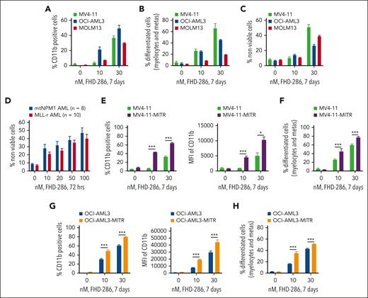 Treatment with FHD-286 overcomes differentiation block and significantly induced CD11b expression and morphologic features of differentiation in AML cell lines with MLL1r and mtNPM1. (A-C) MV4-11, OCI-AML3, and MOLM13 cells were treated with the indicated concentrations of FHD-286 for 7 days. At the end of the treatment, cells were assessed for CD11b expression, morphologic features of differentiation, and percentage of nonviable cells. Columns, mean of 3 experiments; bars, standard error of the mean. (D) PD mtNPM1 and MLL1r AML cells were treated with the indicated concentrations of FHD-286 for 72 hours. After this, cells were stained with TO-PRO-3 iodide, and the percentage nonviable cells were determined by flow cytometry. (E-H) MV4-11, MV4-11-MITR, OCI-AML3, and OCI-AML3-MITR cells were treated with the indicated concentrations of FHD-286 for 7 days. After this, cells were assessed for the percentage expression and the mean fluorescent intensity (MFI) of CD11b by flow cytometry and morphologic features of differentiation. Data are the mean of 3 experiments; error bars indicate the standard error of the mean. ∗P < .05; ∗∗∗P < .005.