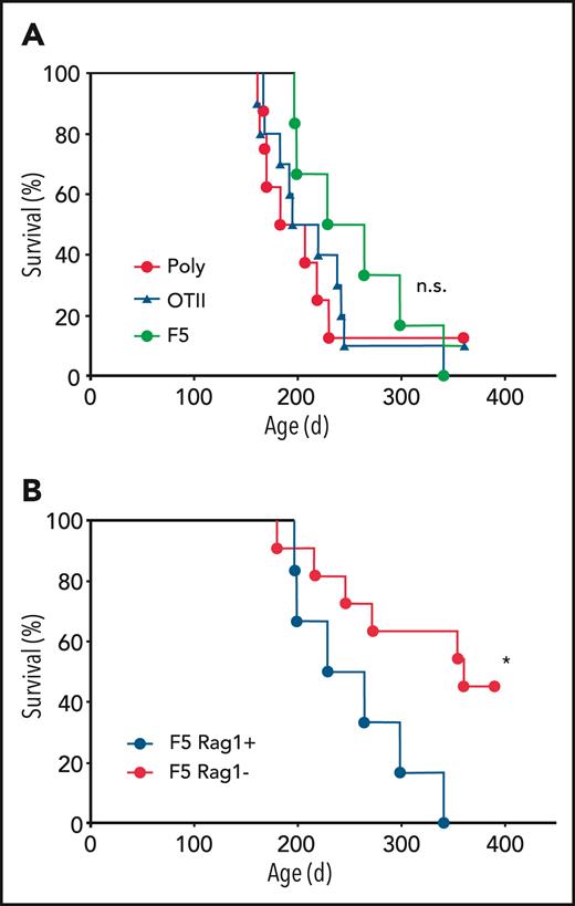 Disease development is influenced by Rag1 expression but not TCR signaling. (A) Development of malignant disease was monitored in cohorts of TetIL-7RON mice, whose T cells have a polyclonal TCR repertoire (Poly; n = 8), and TCR transgenic F5 TetIL-7RON (F5; n = 6) and OTII TetIL-7RON (OTII; n = 10) mice. Survival of the different strains over time is shown. (B) Survival of cohorts of F5 TetIL-7RON (F5 Rag1+) and F5 Rag1−/− TetIL-7RON (F5 Rag1−; n = 11) mice was monitored up to 400 days of age. ∗P = .018; n.s., nonsignificant; log-rank, Mantel-Cox test.