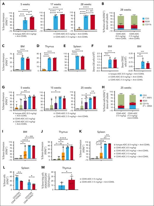 Adding anti-CD40L mAb has variable efficacy in promoting fully allogeneic donor engraftment in Fancg−/− recipients. A−F, Female or male Fancg−/− (B6, H-2b) mice (10- to 16-weeks-old) were conditioned with isotype-ADC (0.5 mg/kg) or CD45-ADC (0.5 or 1.5 mg/kg) on d2 and received 40 × 106 BALB/c (H-2d) donor BM cells on d0. ADC–conditioned Fancg−/− recipients were also treated with anti-CD40L mAb per Figure 5. (A) Engraftment of donor cells (H-2d) in the PB of mice who underwent transplant were analyzed at 5, 17, and 28 weeks post-BMT by flow cytometry, and multilineage peripheral donor chimerism was analyzed at 28 weeks post-BMT (B). (C-F) Recipients were killed at 29 weeks post-BMT, and donor (H-2d) chimerism in BM (C,F), thymus (D), and spleen (E) were analyzed. (G-M) Female or male Fancg−/− mice (10- to 16-weeks-old) were conditioned with isotype-ADC (0.5 mg/kg) plus anti-CD40L mAb or CD45-ADC (0.5 or 1.5 mg/kg) ± anti-CD40L mAb and received 40 × 106 donor (H-2d) BM cells as above. (G) Engraftment of donor cells (H-2d) in the PB of mice who underwent transplant were analyzed at 5, 15, and 25 weeks post-BMT, and multilineage peripheral donor chimerism was analyzed (H) at 25 weeks post-BMT. (H) CD45-ADC (1.5 mg/kg) vs CD45-ADC (1.5 mg/kg) + anti-CD40L mAb; CD3 (P < .0001), CD11b (P = .0002). (I-M) Recipients were killed at 30 weeks post-BMT, and donor (H-2d) chimerism in BM (I), thymus (J), and spleen (K) were analyzed. The frequencies of donor (H-2d) effector/memory (CD44hiCD62Llo) T cells in spleen (L) and donor (H-2d) Treg cells in thymus (M) were also analyzed at 30 weeks post-BMT by flow cytometry. For panels A-M, data represent mean ± SEM (n = 4-5 mice per group). ∗P < .05, ∗∗P < .01, ∗∗∗P < .001, and ∗∗∗∗P < .0001 using the 2-tailed Student t test.