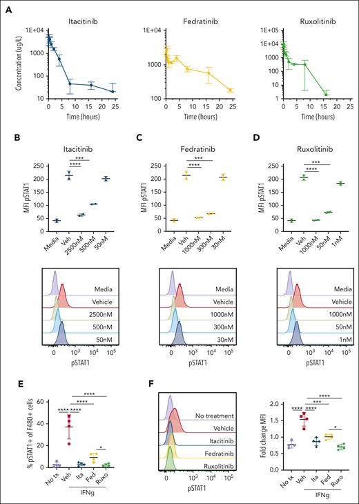 Pharmacokinetic and pharmacodynamic studies of JAK1, JAK2, and JAK1/2 inhibition. (A) Plasma drug levels (μg/L) in naïve C57BL/6J mice after single oral dose of each inhibitor (120 mg/kg itacitinib, 120 mg/kg fedratinib, 90 mg/kg ruxolitinib). Mean values ± standard deviation (SD) are shown. (B) Intracellular STAT1 phosphorylation measured in bone marrow–derived macrophages (BMDM) cultured with vehicle (methyl cellulose) or itacitinib (2500, 500, or 50 nM), (C) vehicle (methyl cellulose) or fedratinib (1000, 300, or 30 nM), or (D) vehicle (captisol in citrate buffer) or ruxolitinib (1000, 50, or 1 nM) for 1 hour and then stimulated with IFN-γ (30 ng/mL) for 20 minutes. Representative overlayed histogram plots are shown below each graph. Experiments were performed using duplicates. Data are representative of 2 independent experiments. (E) Intracellular STAT1 phosphorylation measured in thioglycolate–elicited peritoneal macrophages after a single oral dose of JAK inhibitor and intraperitoneal (500 ng) injection of IFN-γ, shown as percentage of pSTAT1+ F4/80+ macrophages. F4/80lo macrophages were excluded from the gating. (F) Representative histograms (left) and fold-change mean fluorescence intensity (MFI) (right) compared to isotype control. Each data point in panels E-F represents 1 mouse. Data are representative of 2 independent experiments. ∗P < .05, ∗∗∗P < .001, or ∗∗∗∗P < .0001 by pairwise comparison.