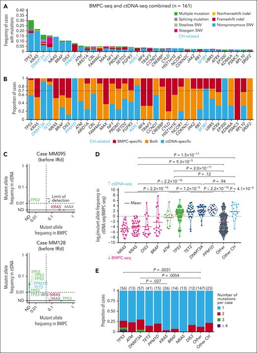 Comparison of driver and CH-related mutations between BMPC and ctDNA. (A) Frequency of mutations detected by combined BMPC-seq and ctDNA-seq analyses in RRMM cases (n = 161). Thirty-six genes detected in ≥3 cases are visualized. Reported CH-related genes are shown in blue. (B) Proportion of cases harboring mutations that are BMPC specific (red), ctDNA specific (blue), and detected by both (yellow). Cases with different BMPC-specific and ctDNA-specific mutations were counted as ctDNA-seq–specific. Thirty-six genes detected in ≥3 cases are visualized. (C) Diagonal plots showing mutant allele frequency in BMPC and ctDNA in representative cases. Mutations with a depth of ≥50× in both BMPC-seq and ctDNA-seq are shown; ND, not detected. (D) Comparison of mutant allele frequency between BMPC and ctDNA. An offset of 0.001 was added to each allele frequency before calculating log2 ratio. Genes with mutation frequency of ≥5% in panel A and/or ctDNA-specific frequency of ≥0.7 in panel B are shown. Other CH consists of ASXL1, SF3B1, and EP300. Two-sided Brunner-Munzel test. (E) Number of mutations for each gene in each case detected by ctDNA-seq (n = 261). Two-sided Fisher exact test.