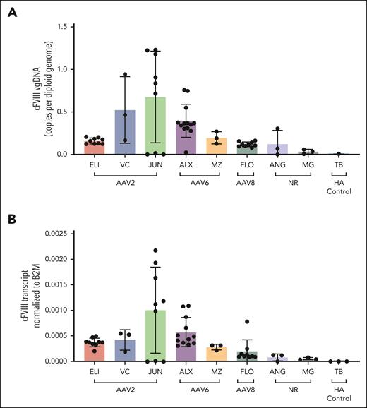 Regional variation of AAV-cFVIII seen in the liver after long-term follow-up in the hemophilia A dog model, quantified using drop-phase ddPCR. NR, dogs with plasma FVIII:C levels that remained below the limit of detection but showed evidence of improved whole blood clot times compared with untreated hemophilia A dogs.2 (A) AAV-cFVIII VG copies quantified in copies per diploid genome. (B) cFVIII mRNA expression normalized to beta-2-microglobulin (B2M). NR, nonresponder; vgDNA, vector genome DNA.
