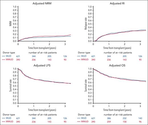 Adjusted cumulative incidence of NRM and relapse, and probability of LFS and OS for MUDs or MMUDs. RI, relapse.