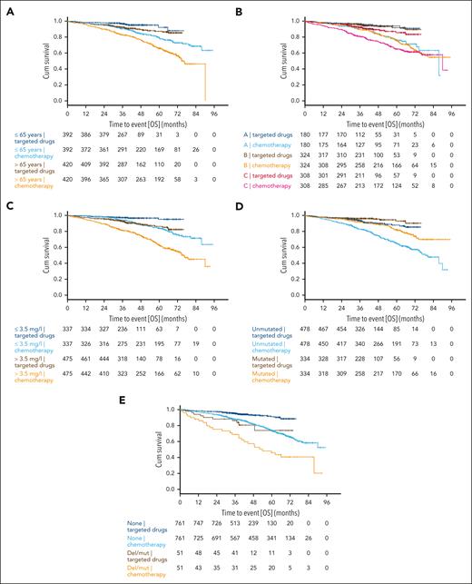 OS in patients treated with targeted drugs compared with chemoimmunotherapy matched on CLL-IPI risk factors. OS according to age (A), Binet stage (B), levels of serum β2-microglobulin (C), IGHV mutational status (D), and TP53 status (E).