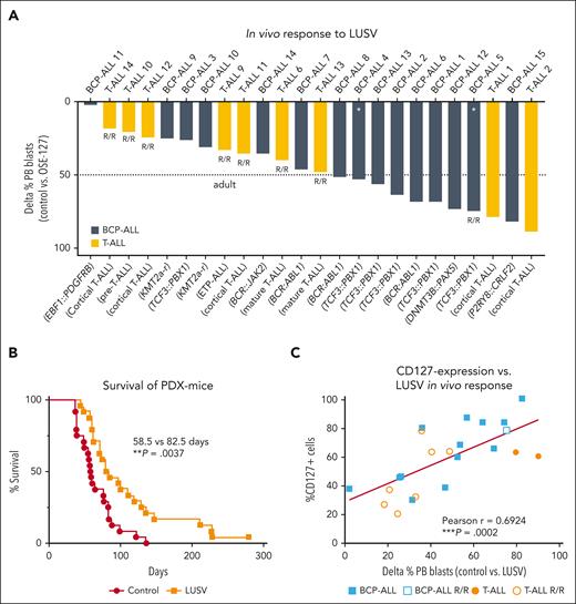 LUSV is effective in overt leukemia PDX models. (A-C) A phase 2-like PDX study was performed using 24 PDX samples of patients with BCP-ALL and T-ALL with different CD127 expression levels including 8 samples from relapsed/refractory (R/R) disease. Two NSG mice per patient were injected with PDX cells, randomly assigned into treatment groups, and LUSV therapy was initiated upon detection of 1% PDX cells in the PB, modeling an overt leukemia situation. (A) Blood of both control and LUSV-treated animals bearing the same PDX sample was withdrawn when 1 of the 2 PDX mice showed signs of overt leukemia, and the number of hCD45+/hCD19+/mCD45– cells in the PB was measured via flow cytometry. The waterfall plot shows the difference in PBBs between respective control and LUSV-treated mice (ΔPBB, sorted from weakest therapy response to highest therapy response). Animals not showing clinical signs of overt leukemia or >70% PBBs at this time point received further treatment until reaching termination criteria. The dotted line indicates a ΔPBB of 50%. The white asterisk indicates matched samples obtained from initial diagnosis and relapse from the same patient. (B) Therapy-associated differences in the survival of NSG mice were determined using Kaplan-Meier log-rank statistics. The experiment was terminated after 280 days, and 1 LUSV–treated PDX animal was found free of leukemia. (C) The in vivo response to LUSV therapy as depicted via the ΔPBB value was correlated with the ratio of CD127+ cells in corresponding PDX samples determined via flow cytometry, Pearson linear regression, confidence interval (0.4010-0.8565). ∗P < .05; ∗∗P < .01; ∗∗∗P < .001; ∗∗∗∗P < .0001.
