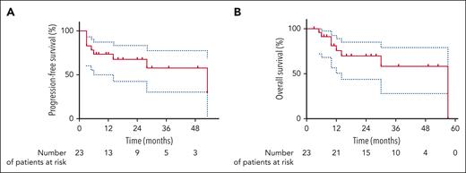 Outcomes after CAR T-cell infusion. Kaplan-Meier estimates of PFS (A) and OS (B) from CAR T-cell infusion.