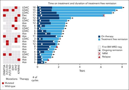 Swimmer plot of outcomes in patients electively stopping therapy in MRD-negative (neg) remission. Aza, azacitidine; Dec, decitabine; LDAC, low-dose cytarabine; NRM, non-relapse mortality.