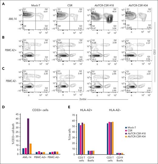 No cytotoxicity of AbTCR-CSR was observed against normal PBMCs. Mock T cells, CSR (with irrelevant Fab AbTCR), ESK2 AbTCR-CSR clone no. 18, or AbTCR-CSR clone no. 34 were incubated with (A) CFSE-labeled AML-14 (as a positive control), (B) PBMCs from HLA-A2 positive donor, or (C) negative donor at an E:T ratio of 1:1, overnight. The cells were harvested, washed, and stained with mAb to CD33 and zombie dye (to stain dead cells) and analyzed by flow cytometry. (D) The flow plots show a representative profile of CD33 vs CFSE double-positive cells and the percentage of CD33+ cell death was summarized. (E) In the same experiments, CFSE+ target PBMCs were also stained with CD3 and CD19 and the percentage of each lineage cells are shown in bar graphs. The data represent 1 of 4 separate experiments with different donors.