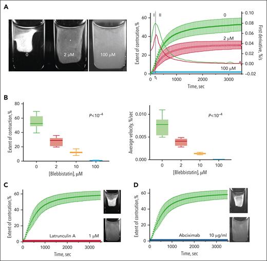 Suppressive effects of specific cellular inhibitors on plasma clot contraction driven by activated iMKs. (A, left) Images of the iMK-containing macroscopic plasma clots after 90 minutes of contraction in the absence and presence of 2 and 100 μM of blebbistatin. (A, right) Averaged kinetic contraction curves of iMK-containing plasma clots in the absence (control) and presence of 2 and 100 μM blebbistatin (mean ± SD; n = 6-11). (B) The extent of contraction (left) and average contraction velocity (right) of iMK-containing plasma clots in the absence and presence of 2 μM, 10 μM, and 100 μM of blebbistatin. Results are presented as the median and IQR. Statistical significance tested using the Kruskal-Wallis test. (C-D) Complete abrogation of the iMK-induced clot contraction by 1 μM latrunculin A (C) (red curve) and 10 μg/mL abciximab (D) (blue curve). The corresponding photographic images show contracted (top) and uncontracted (bottom) clots after 2 hours of incubation in the absence (top) and presence (bottom) of the inhibitors. IQR, interquartile range; SD, standard deviation.
