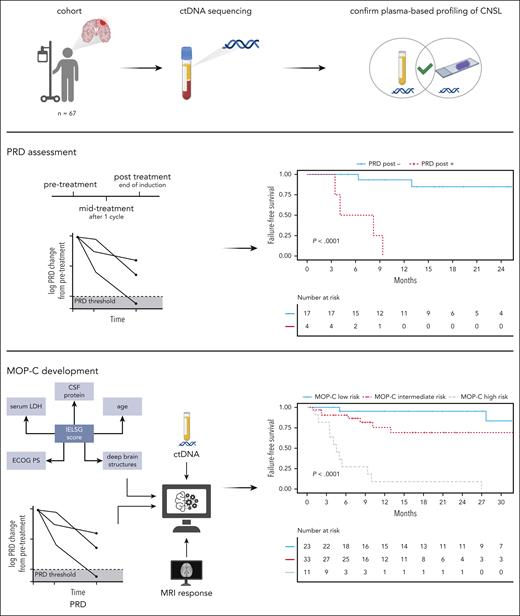 Workflow of the study. Patients (n = 67) with CNSL were identified; ctDNA sequencing was applied to plasma and CSF samples using a targeted gene panel; mutations detected from plasma were confirmed to be CNSL-derived by sequencing of tumor DNA/CSF-derived ctDNA; PRD was developed as a novel biomarker in CNSL and shown to be predictive of outcomes; integration of dynamically assessed clinical and molecular features resulted in development and validation of MOP-C, a tool with high predictive value in CNSL; created with BioRender.com.