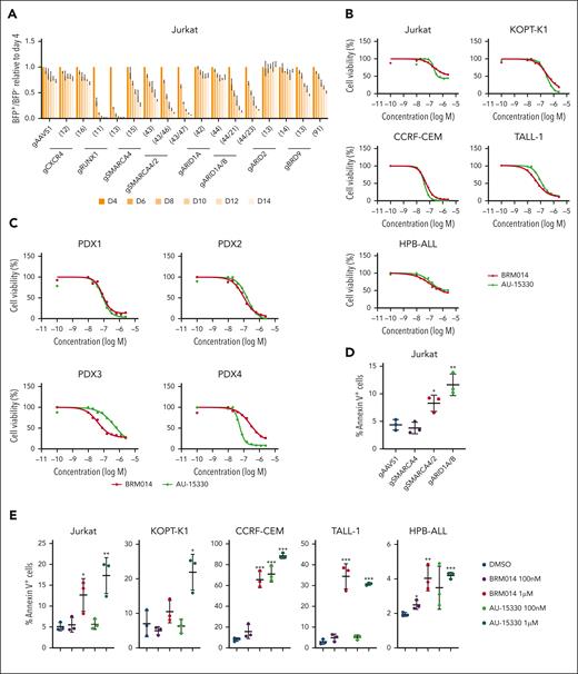 cBAF inhibition impairs leukemic growth in a cell-autonomous manner. (A) Fourteen-day competitive coculture assay of Jurkat cells transduced with gRNAs targeting the indicated genes. Data are shown as mean ± SD (n = 3). (B-C) Drug sensitivity assay of BRM014 and AU-15330 in the indicated T-ALL cell lines (B) and T-ALL PDX cells (C). Data are shown as mean (n = 3). (D-E) Percentage of annexin V–positive in the indicated knockout Jurkat cells (D) and human T-ALL cell lines treated with BRM014 or AU-15330 (E). Data are shown as mean ± SD (n = 3). Two-tailed Student t test was used to assess statistical significance in panels D and E (∗∗∗P < .001; ∗∗P < .01; ∗P < .05). gRNA, guide RNA; SD, standard deviation.