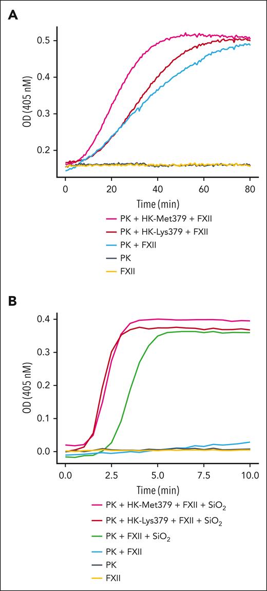 Reciprocal activation of PK and FXII. (A) Reciprocal activation of PK (60 nM) and FXII (25 nM) in the presence of HK-Met379 (magenta; 60 nM), HK-Lys379 (red; 60 nM) or in the absence of HK (light blue) was assessed with a chromogenic substrate assay. Cleavage of S-2302 (200 mM) was followed by continuous changes in optical density (OD; 405 nm) on a spectrophotometer. Control reactions that contained only PK (steel blue) or FXII (gold) are also shown. (B) Reciprocal activation of PK and FXII was performed as described earlier but reactions also contained silica nanospheres (25 mg/mL; 100 nm average diameter).