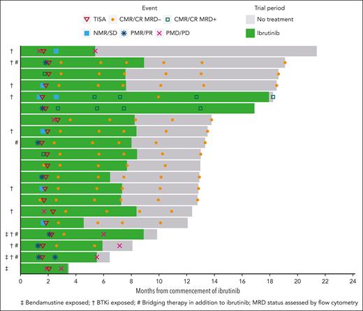 Swimmer plot of patient responses. Each line represents an individual patient. The solid green indicates the duration of ibrutinib therapy. Per protocol, ibrutinib was ceased in patients who were MRD-negative by flow cytometry at month 6 (when results of the test became available). Two patients (lanes 5 and 6) were MRD positive and continued ibrutinib beyond 6 months. The patient in lane 18 had an equivocal response assessment at month 4 after CTL019 infusion and continued ibrutinib until an early follow-up scan confirmed progressive disease (progression was deemed to have occurred at the earlier timepoint).