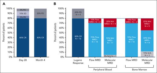 Response to treatment. Response to treatment represented as (A) best response at any time point and at the primary end point of 4 months after CTL019 infusion and (B) MRD status in the 16 patients in CR at month 4 by PB immunophenotyping and immunoglobulin high-throughput sequencing in PB and bone marrow aspirate samples. N/A, not available; PD, progressive disease; PR, partial response; SD, stable disease.