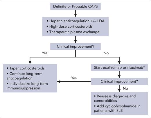 Algorithm for the management of CAPS during pregnancy (modified from Lim et al45). ∗Expert opinion suggests eculizumab in cases with prominent thrombotic microangiopathic features, and rituximab in cases with worsening thrombocytopenia without documented thrombosis as the most prominent clinical concern.