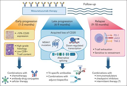 Diverse mechanisms and clinical features of tumor progression events on mosunetuzumab therapy, and potential ways to overcome them. Figure created with BioRender.com.