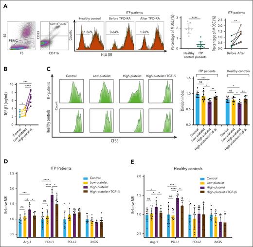 Platelet-associated TGF-β1 stimulated the function of MDSCs in vitro. (A) Representative flow-cytometric plots of MDSCs (CD11b+ CD33+ HLA-DRlow cells) in peripheral blood mononuclear cells (PBMCs) from healthy controls and patients with ITP before and after TPO-RA treatment. (B) TGF-β1 level in control and low-platelet and high-platelet cocultured groups. (C) MDSC-mediated suppression of CD4+ Teffs proliferation was measured according to the division index. (D-E) Relative mean fluorescence intensity (MFI) of Arg-1, PD-L1, PD-L2, and iNOS expressed by MDSCs cocultured with low-platelet, high-platelet, high-platelet plus TGF-βi, or none. Relative MFI is the fold of average MFI in controls. (D) MDSC from patients with ITP. (E) MDSC from healthy controls.