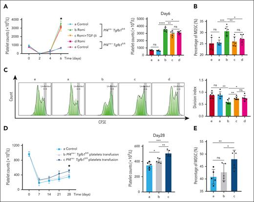Platelet-derived TGF-β1 induced functional reprogramming of MDSCs in the ITP murine model. (A) Passive-ITP mice in group a, b, and c presented Pf4cre–Tgfb1fl/fl. Group a was injected with sterile water as a control. Group b was treated with TPO-RA (romiplostim, 30 μg/kg, once every 3 days). Group c was treated with TPO-RA and TGF-βi (SB431542, 10 mg/kg, once every 3 days). Mice in groups d and e were Pf4cre+Tgfb1fl/fl and treated with TPO-RA or not. Platelet counts detected every other day. Platelet counts among the groups differed significantly on day 6. (B) Percentage of MDSCs in bone marrow nucleated cells. (C) MDSC-mediated suppression of CD4+ Teff proliferation measured according to the division index. Platelet counts (D) and percentage of MDSCs (E) of active-ITP mice after platelet transfusion. CFSE, carboxyfluorescein diacetate succinimidyl ester.