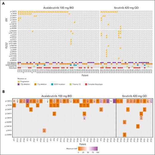 Emergent BTK and PLCG2 variants. (A) BTK and PLCG2 variants; (B) BTK mutation variant allele frequency.
