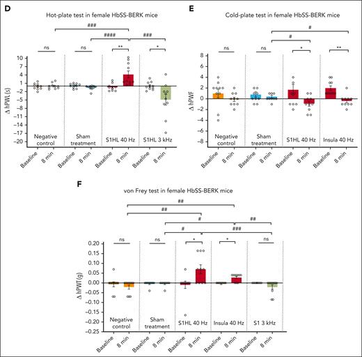 Short-term modulation of pain-related behaviors in wild-type mice and female HbSS-BERK mice. (A) Experimental design for the single-session treatment with behavioral study. (B-C) Short-term inhibition of heat pain sensitivity in wild-type mice. The impact of tFUS on heat pain-associated behaviors was assessed in both (B) male (n = 8) and (C) female (n = 8) wild-type mice. Single-session tFUS with a PRF of 40 Hz at left S1HL resulted in a significant increase in latency difference between contralateral (right) and ipsilateral (left) hind paw compared with baseline and sham-treated mice. ns, not significant, ∗∗P < .01 using t test with Wilcoxon matched–pairs signed rank test; #P < .05 using t test with Mann-Whitney test. (D-F) Short-term modulation of thermal and mechanical hyperalgesia in female HbSS-BERK mice. Quantification of averaged Δ hPWL from hot-plate test, Δ hPWF from cold-plate test, and Δ hPWT from von Frey test was conducted before and after tFUS with control groups (negative control and sham treatment) in HbSS-BERK mice. (D) Single-session tFUS with a PRF of 40 Hz at left S1HL (n = 10) led to a significant increase in the averaged Δ hPWL from hot-plate test compared with baseline, sham treatment (n = 10), and negative control (n = 10). Control groups did not show apparent treatment effect compared with pretreatment baseline. A negative value of Δ hPWL was observed with a PRF of 3 kHz at left S1HL (n = 10), which was significantly different from the baseline and response with the PRF of 40 Hz. (E) Single-session tFUS with PRF of 40 Hz at left S1HL (n = 10) and insula (n = 10) resulted in a significant change in the Δ hPWF from cold-plate test at 8 minutes after treatment compared to the sham treatment and baseline. (F) tFUS with PRF of 40 Hz at left S1HL (n = 10) and insula (n = 10) led to a prominent elevation of Δ hPWT from von Frey test compared with sham-treated (n = 10) and negative control mice (n = 10). A lower withdrawal threshold of the contralateral (right) hind paw was observed with tFUS at PRF of 3 kHz at left S1HL (n = 10) compared with PRF of 40 Hz at S1HL and insula. ∗P < .05, ∗∗P < .01 using t test with Wilcoxon matched–pairs signed rank test; #P < .05, ##P < .01, ###P < .001, ####P < .0001 using t test with Mann-Whitney test. ns, not significant.