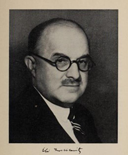 Eli Moschcowitz. Source: Journal of The Mount Sinai Hospital, volume 12, 1945 (https://archive.org/details/journalofmountsi1219moun/page/n5/mode/2up). © 1945 The Mount Sinai Hospital. Licensed under Creative Commons Attribution-NonCommercial-NoDerivatives 4.0 International (CC BY-NC-ND 4.0).
