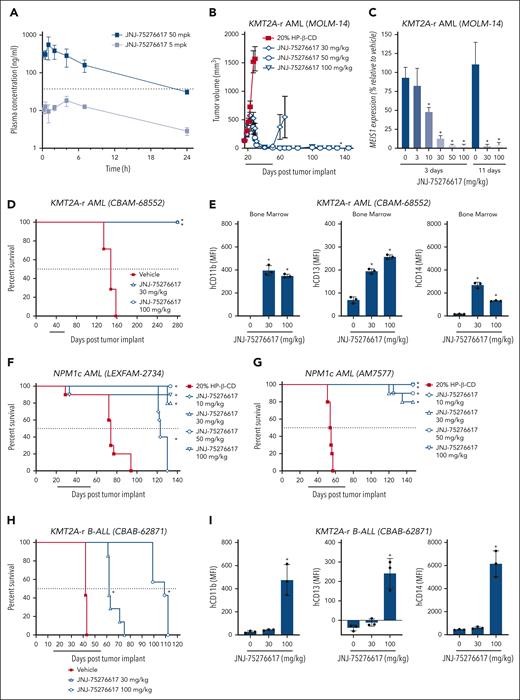 JNJ-75276617 alters menin-KMT2A target gene expression and prolongs survival of mice bearing NPM1c and KMT2A-r xenografts. (A) Plasma concentrations following a single oral administration of 5 mg/kg (gray squares) or 50 mg/kg (black squares) in mice. The dashed black line represents the IC50 from the in vitro MEIS1 expression assay (45 ± 6 nM, supplemental Figure 3B). (B) Mice bearing subcutaneous (SC) KMT2A-r MOLM-14 xenografts were treated with JNJ-75276617 at the dose levels indicated for 5 weeks. Line underneath the x axis indicates the dosing period. Data are displayed while at least two-thirds of animals remained in the group (n = 9-10/group). ∗ denotes significant tumor regression (P ≤ .05) from initial tumor volume after JNJ-75276617 treatment. (C) Mice bearing SC MOLM-14 xenografts were treated with JNJ-75276617 at the dose levels indicated for 3 or 11 days (n = 2-5/group). Tumors were harvested 16 hours after the last dose, and MEIS1 mRNA levels were assessed. Expression values are calculated relative to tumors treated with vehicle. Bar graphs represent the mean ± standard deviation (SD). ∗P < .0001. (D-G) Mice engrafted with patient-derived AML xenografts harboring KMT2A-r mutation: CBAM-68552 (D,E) or NPM1c: LEXFAM-2734 (F) or AM7577 (G) were treated with JNJ-75276617 at the dose levels indicated. (E) Bone marrows from CBAM-68552–engrafted mice following 4 weeks of drug treatment were analyzed for differentiation markers (human CD11b, CD13, and CD14) by flow cytometry (n = 3). (H,I) Mice engrafted with B-ALL xenografts with KMT2A-r (CBAB-62871; n = 7/group) were treated with JNJ-75276617 for 6 weeks. (I) Bone marrows from CBAB-62871-engrafted mice following 3 weeks of drug treatment were analyzed for differentiation markers (human CD11b, CD13, and CD14) by flow cytometry (n = 3). Individual values are shown as a dot plot, whereas bar graphs represent the mean ± SD. (D,F,G,H) Line underneath the x axis indicates the dosing period. ∗ denotes significant difference (P ≤ .05) in survival between treatment with JNJ-75276617 and vehicle control (n = 7-10/group). (E,I) ∗ denotes a significant difference vs vehicle control (P < .05).